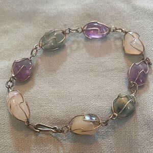 Multicolor Gemstone Wire Wrapped Chain Bracelet Hook Clasp Womens 8" Jewelry